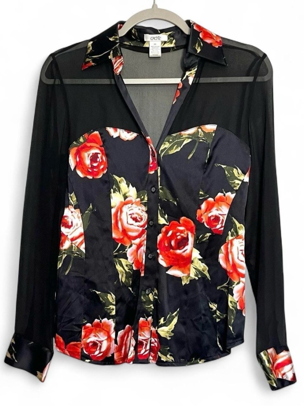 Cache Black Silk Floral Sheer Button Up Blouse XS Romantic Whimsigoth Vamp Y2K